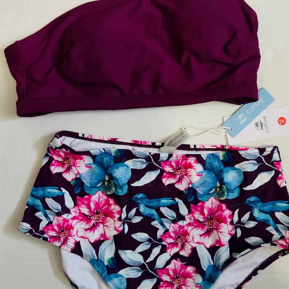 Cupshe Purple one shoulder Bikini Top with Floral Print high waisted Bottoms